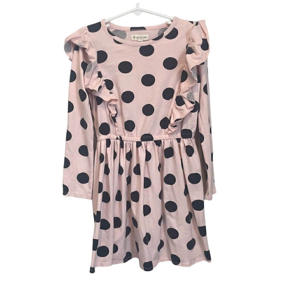 Girls Tucker + Tate Dress Size 6 pink black polka dots ruffle long sleeve modest